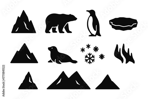 Arctic and antarctic wildlife and landscapes silhouettes