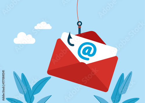 Phishing email on cyber security attached to large hook. Online scam and steal Information Hacking. Flat vector Illustration.