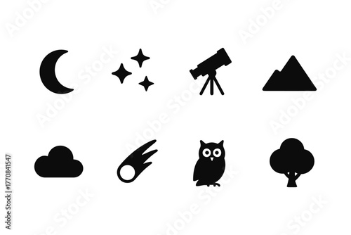 Nighttime nature silhouettes: moon, stars, telescope, and more icons