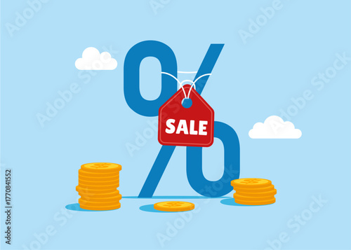Price tag with percentage. Special offer promotion. Sales and shopping online, discount coupon of cash.  Promotion offer. Vector flat illustration
