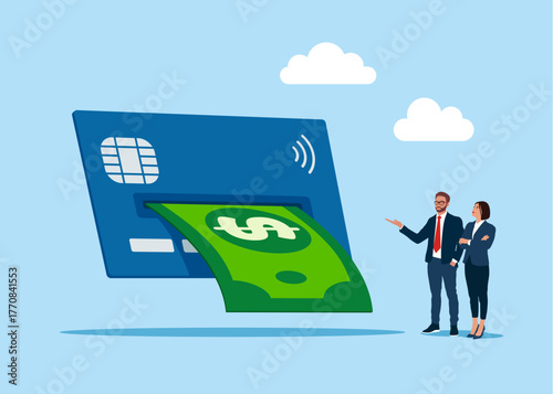 Dollar banknotes coming out credit or debit card. Money payment market and buy theme. Cash back, money saving, money transfer. Vector flat illustration
