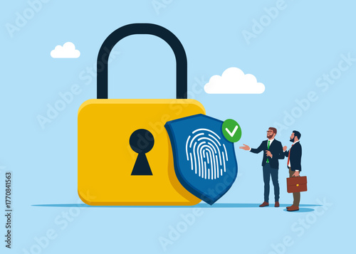 Padlock with fingerprint icon. Account data protection, information storage. Data protection and privacy, authentication by fingerprint for security access Vector flat illustration