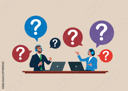 Operator сall Center communication in search of ideas, problem solving. 24-7 support service. Thinking of who what where when why and how. Asking questions for solution to solve problem, business anal