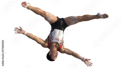Dynamic male gymnast performs acrobatic feat with grace and power, showcasing incredible athleticism and strength in a competitive performance.