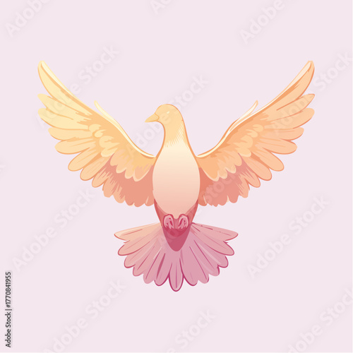 Une magnifique colombe, colorée, dégradé du jaune au violet, poétique, symbolique universelle, vol, message, paix, union, isolée sur fond clair 