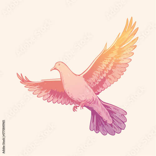 Une magnifique colombe, colorée, dégradé du jaune au violet, poétique, symbolique universelle, vol, message, paix, union, isolée sur fond clair 