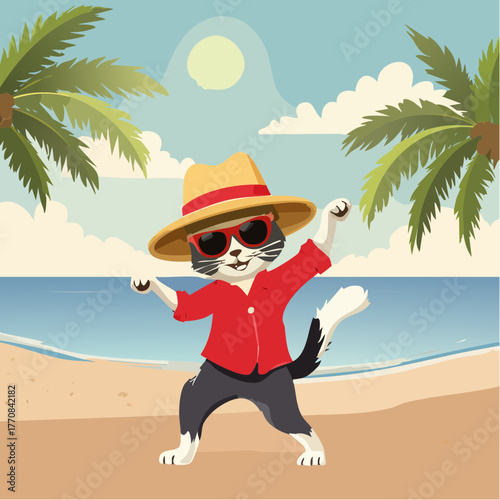 Un Chat qui s'amuse et danse à la plage, joyeux, drôle, danse, plage, océan, vacances