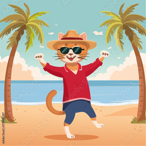 Un Chat qui s'amuse et danse à la plage, joyeux, drôle, danse, plage, océan, vacances