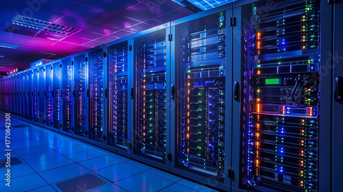 Digital Backbone: Rows of Blazing Servers and Intricate Network Infrastructure, Illuminating the Heart of Modern Data Centers, a Symphony of Technology Powering Our Connected World.