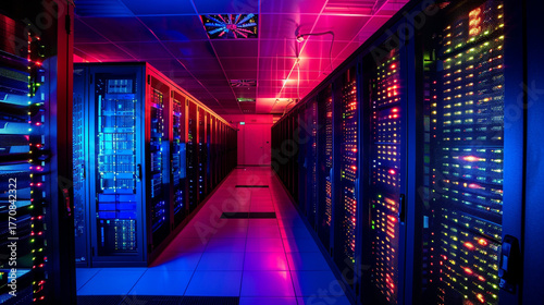 Digital Backbone: Rows of Blazing Servers and Intricate Network Infrastructure, Illuminating the Heart of Modern Data Centers, a Symphony of Technology Powering Our Connected World.
