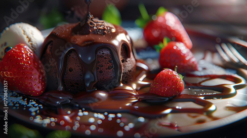 Decadent Indulgence: A Rich Chocolate Lava Cake, Drizzled with Warm Ganache, Paired with Creamy Vanilla Ice Cream and Fresh Strawberries, a Mouthwatering Dessert Experience to Savor and Enjoy.