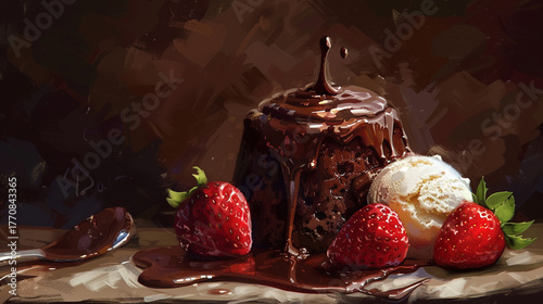 Decadent Indulgence: A Rich Chocolate Lava Cake, Drizzled with Warm Ganache, Paired with Creamy Vanilla Ice Cream and Fresh Strawberries, a Mouthwatering Dessert Experience to Savor and Enjoy.