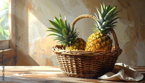 Wicker Basket with Pineapples on Sandy Tropical Beach with Ocean and Palm Fronds