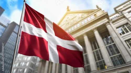 Flag waving in front of historical building in city