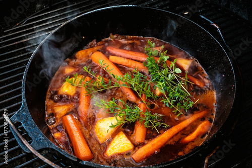 Karotten, gelbe Möhren, Sellerie in Sauce im Gusseisentopf (Dutch Oven) darauf Kräuter (Tyhmian)