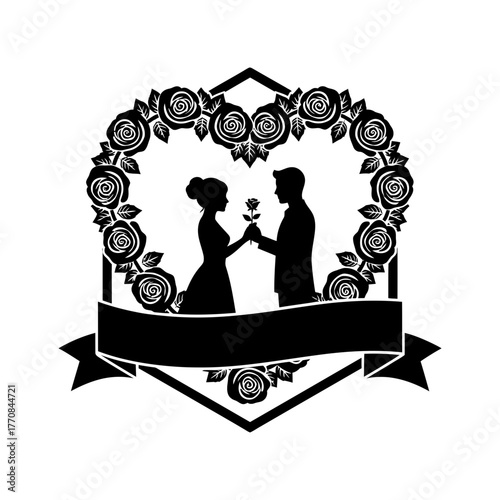 Vector art of silhouette of a couple exchanging a rose
