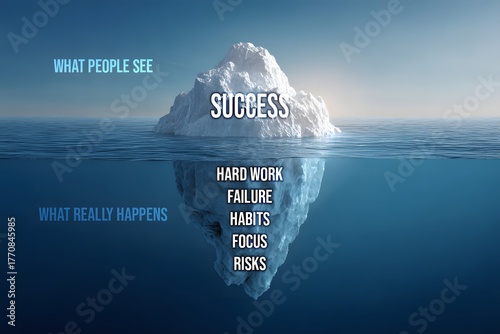 Iceberg infographic illustrating success above the surface while hard work, habits, risks, failures, discipline, and persistence remain hidden below, symbolizing the unseen effort behind achievement