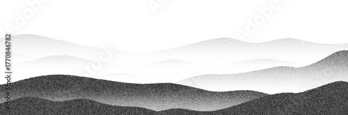 Retro pointillism mountain landscape with halftone noise and brutalist collage texture.