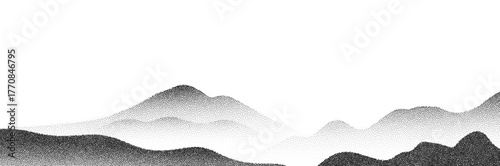 Vintage stipple and halftone textured mountain, brutalist graphic landscape with photocopy grunge detail.