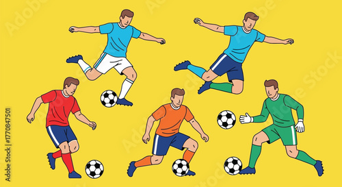 Diverse athletes engaged in dynamic soccer action, showcasing skill and teamwork on a vibrant yellow background.