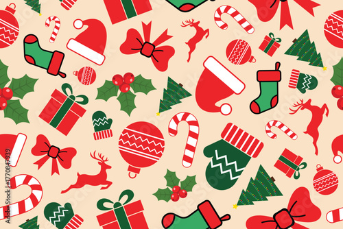 Festive christmas seamless pattern with holiday icons gifts stockings trees bows and reindeer