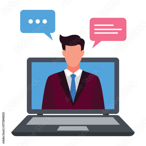 A professional man in a suit appears on a laptop screen with speech bubbles above