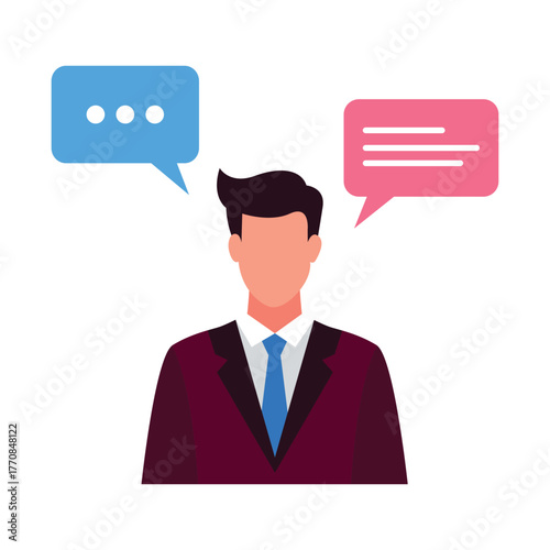 Man in suit talking with speech bubbles communication business conversation dialogue idea
