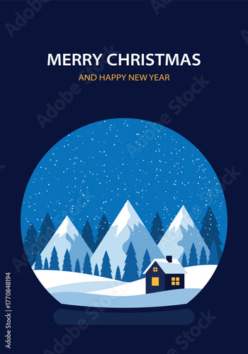 Merry christmas festive scene with snowy mountains a cozy cabin and falling snow