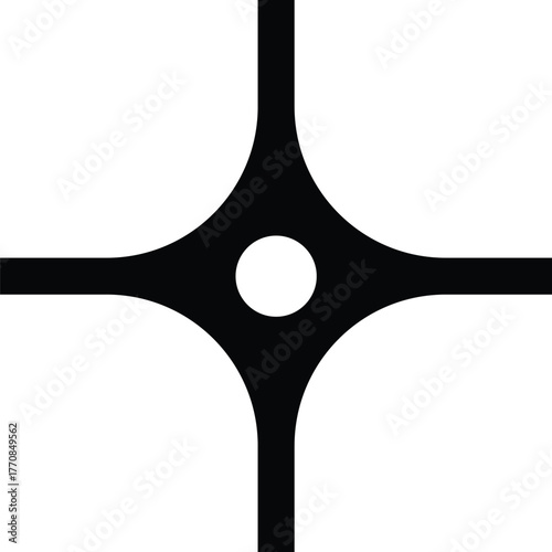 Four abstract paths converging at a central point isolated on white background