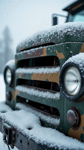 Cinematic close-up of military truck front grille covered in frost and snow, camouflage paint visible through ice, overcast cold light, detailed rugged texture