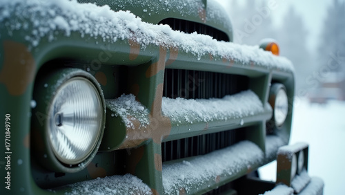 Cinematic close-up of military truck front grille covered in frost and snow, camouflage paint visible through ice, overcast cold light, detailed rugged texture