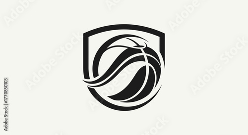 Black and white basketball logo design with a shield shape, modern and sleek.