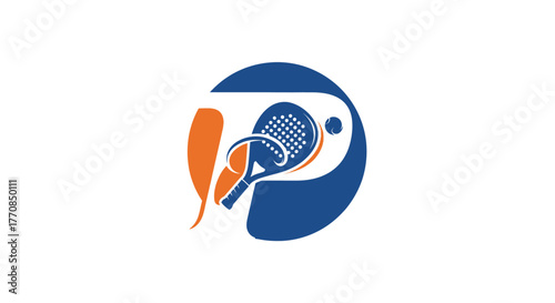Modern abstract logo for a padel or tennis club featuring two rackets and a ball in a blue and orange circular design.