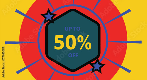 Bright sale announcement with up to 50 percent off discount in vibrant colors
