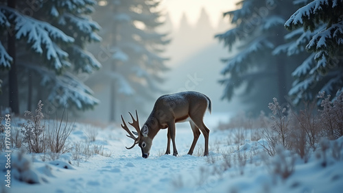 Cinematic deer feeding in snow-covered forest clearing, soft light, mist, and tranquil winter atmosphere, calm wildlife moment