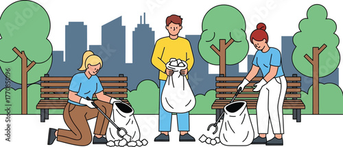 People cleaning a park, collecting trash in bags for a greener environment