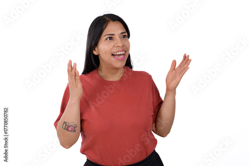 Isolated woman on white background looking concerned with her hands on her face, facing right