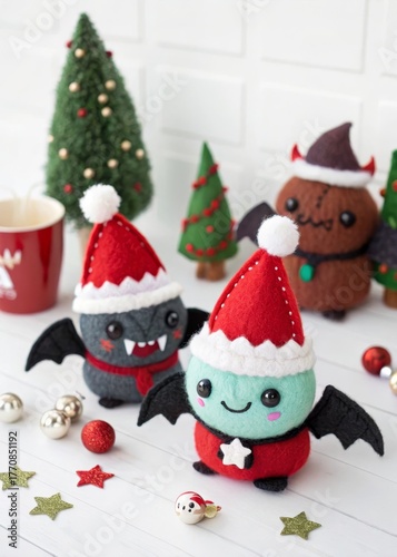 Handmade Felt Christmas and Vampire Characters – Wool Texture, Kawaii Style, Santa Hats