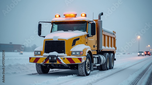 Macro shot of snow-covered airport ground vehicle, yellow reflective paint under frost, frozen warning lights, realistic winter airport maintenance scene