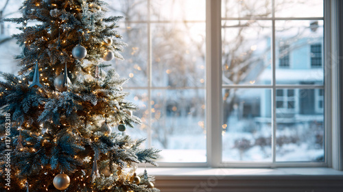A close-up of a beautiful Christmas tree in front of a bright window, overlooking a snowy landscape