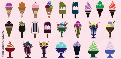 Ice Cream Icons Set, Collection Of Cones Cups And Popsicles For Dessert Design Project Management And Summer Applications


