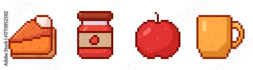autumn pixel art icons, old 80s, 90s arcade 8 bit game style, fall season, pumpkin pie, strawberry jam, mug, tea, coffee, apple, cozy stickers, pixelated, harvest, holiday patches