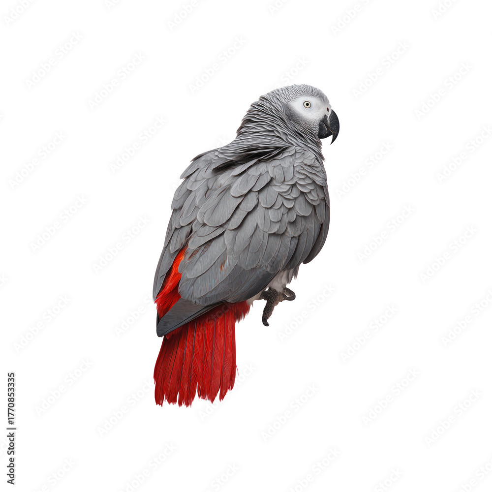 Naklejka premium African Grey Parrot. Exotic Bird With Vibrant Red Tail Feathers. Isolated On Transparent Background