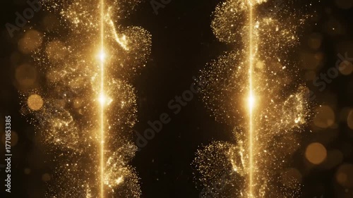 Abstract golden spiral particle stream against a black background with bokeh effect and copy space
