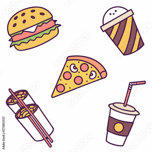 A Feast of Flavors: A vibrant arrangement of culinary delights, a burger, pizza, sushi, cola and ice cream ready to be savored. Each item, bursting with its own unique flavors and textures.