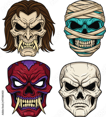 Cartoon skull illustration set, horror fantasy artwork, scary skeleton faces, vector drawing, demonic skull design, mummy skull, spooky monster skull art