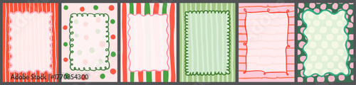 Red, green and pink Christmas wavy frames with dots and stripes for invitations, backgrounds, menus and kids designs