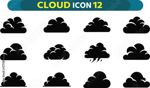 Collection of twelve distinct black cloud icons with white outlines on a white background for design