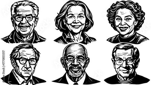 Very beautiful grid of 6 vector portraits hand-rendered in bold black ink, showing seniors aged 50–60, both men and women, with gentle smiles, glasses, wrinkles of wisdom, and natural hairstyles repre