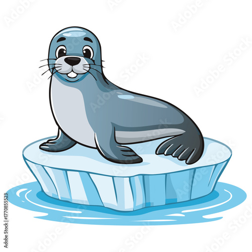 Cute cartoon seal sitting on ice floe in arctic ocean water wildlife illustration vector